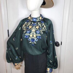 Free People Jessica Green Embroidered Boho Blouse Large Holiday Cottagecore Fall
